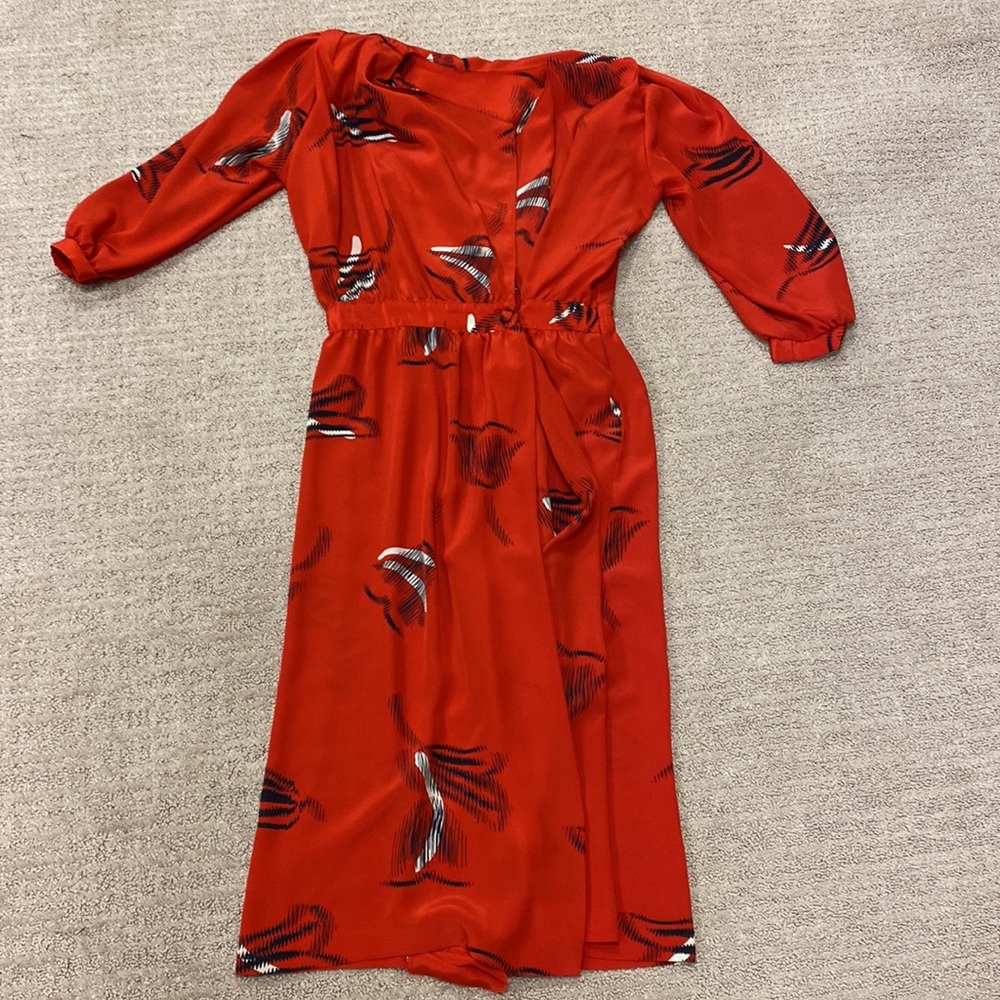 Vintage Red Floral Midi Wrap Dress Size 10 Puff Sleeve